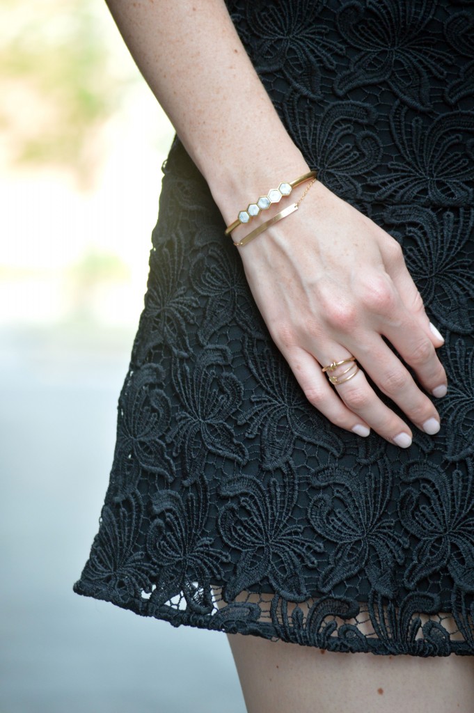 black lace skirt and dainty gold stacking jewelry