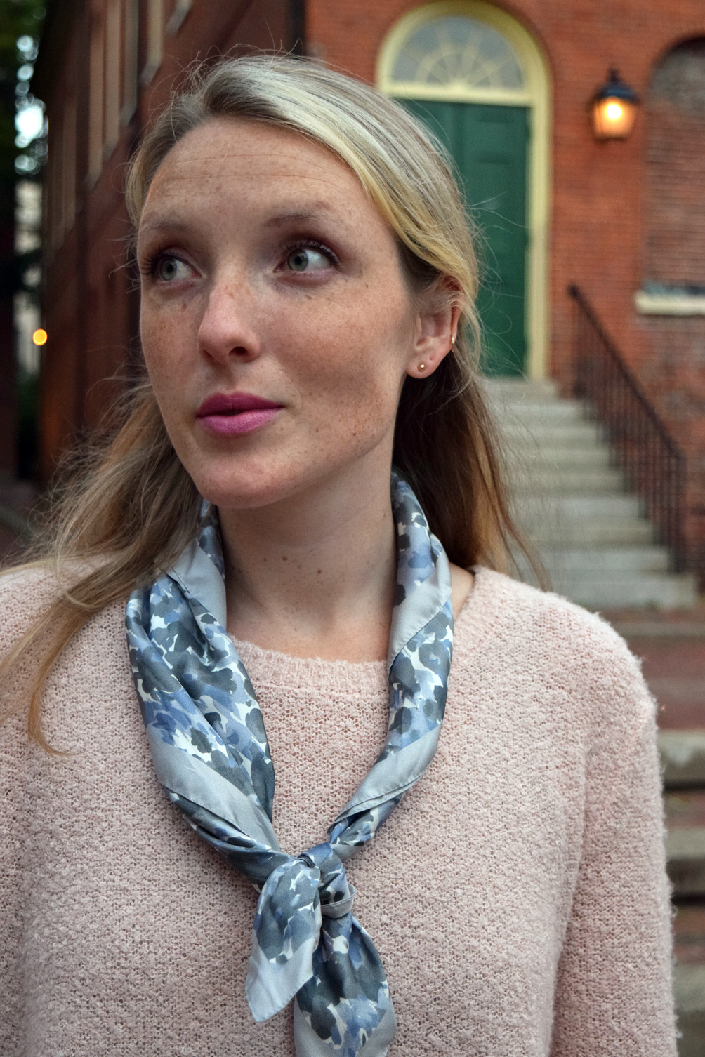 printed scarf and pink lipstick