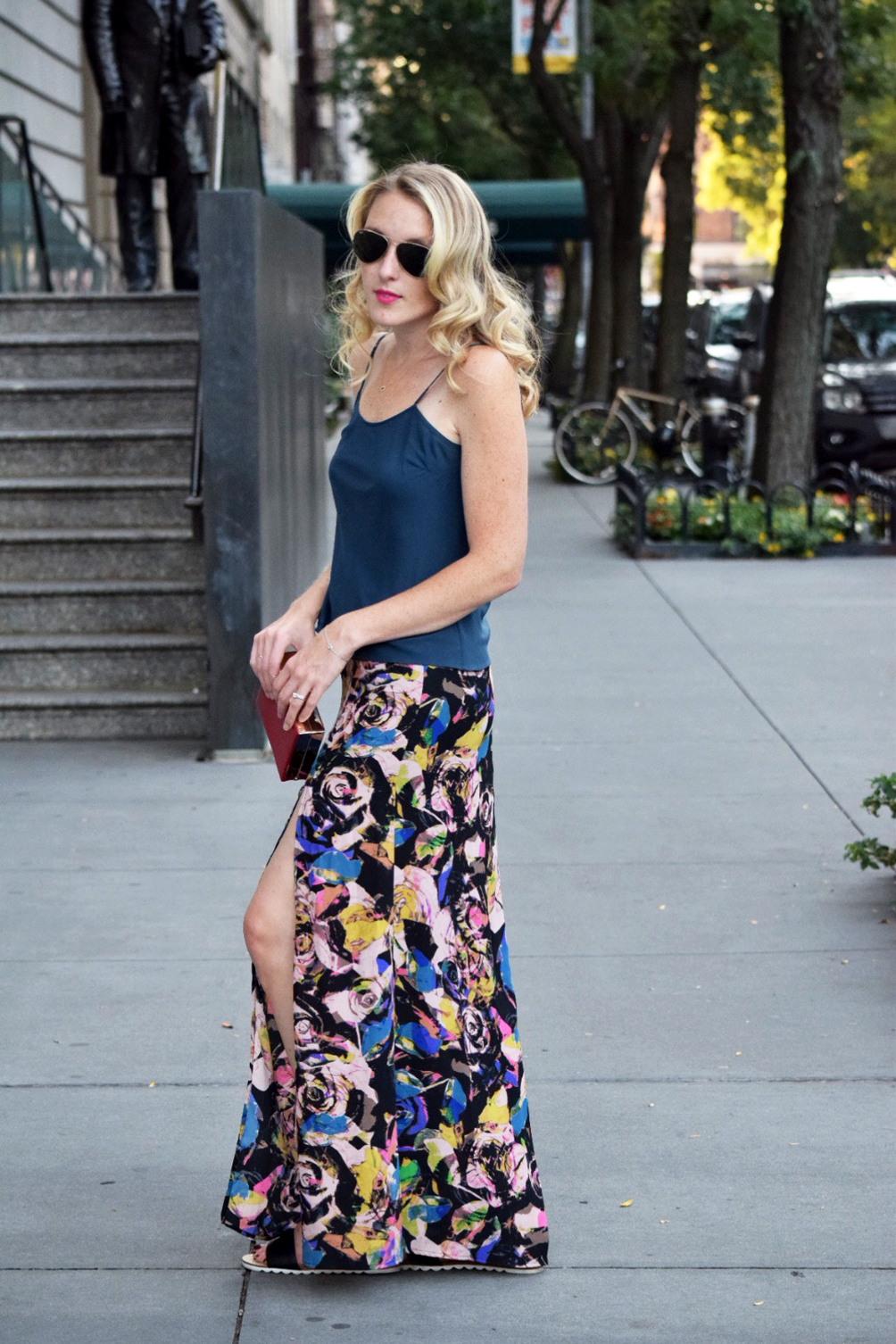 patterned skirt with silk cami for NYFW
