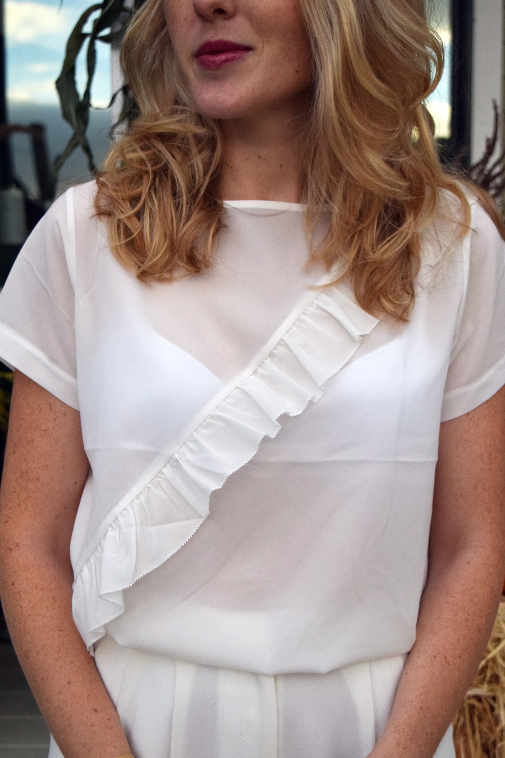 French Connection white ruffled top details