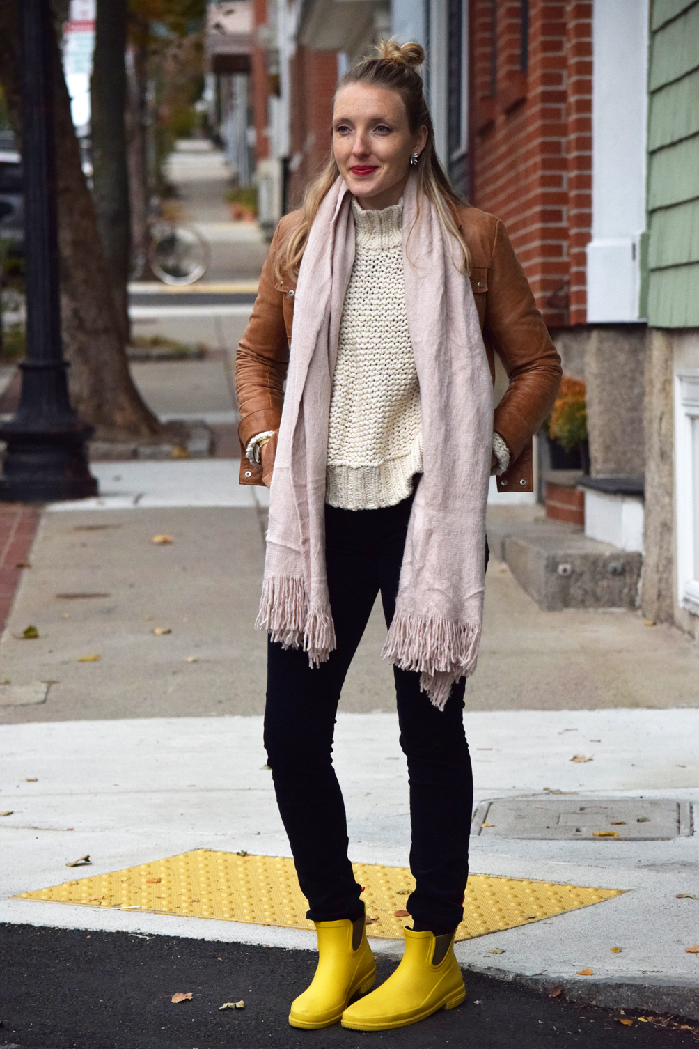 fall outfit with bright yellow rain boots