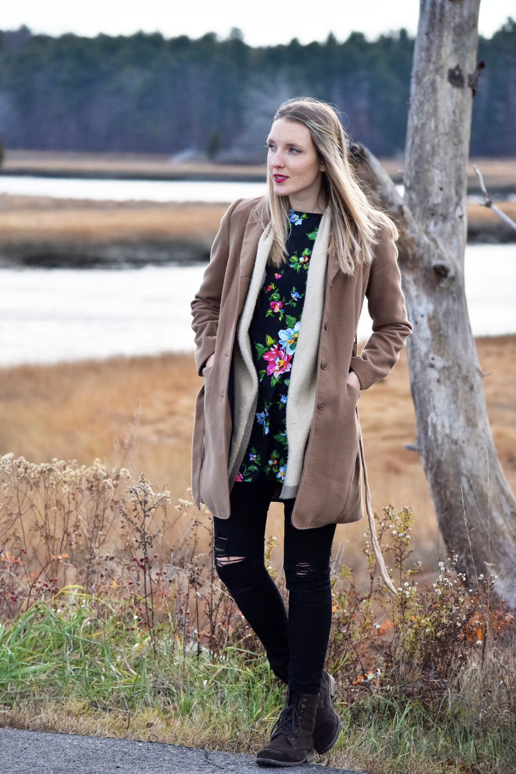 layered floral and knit outfit inspiration