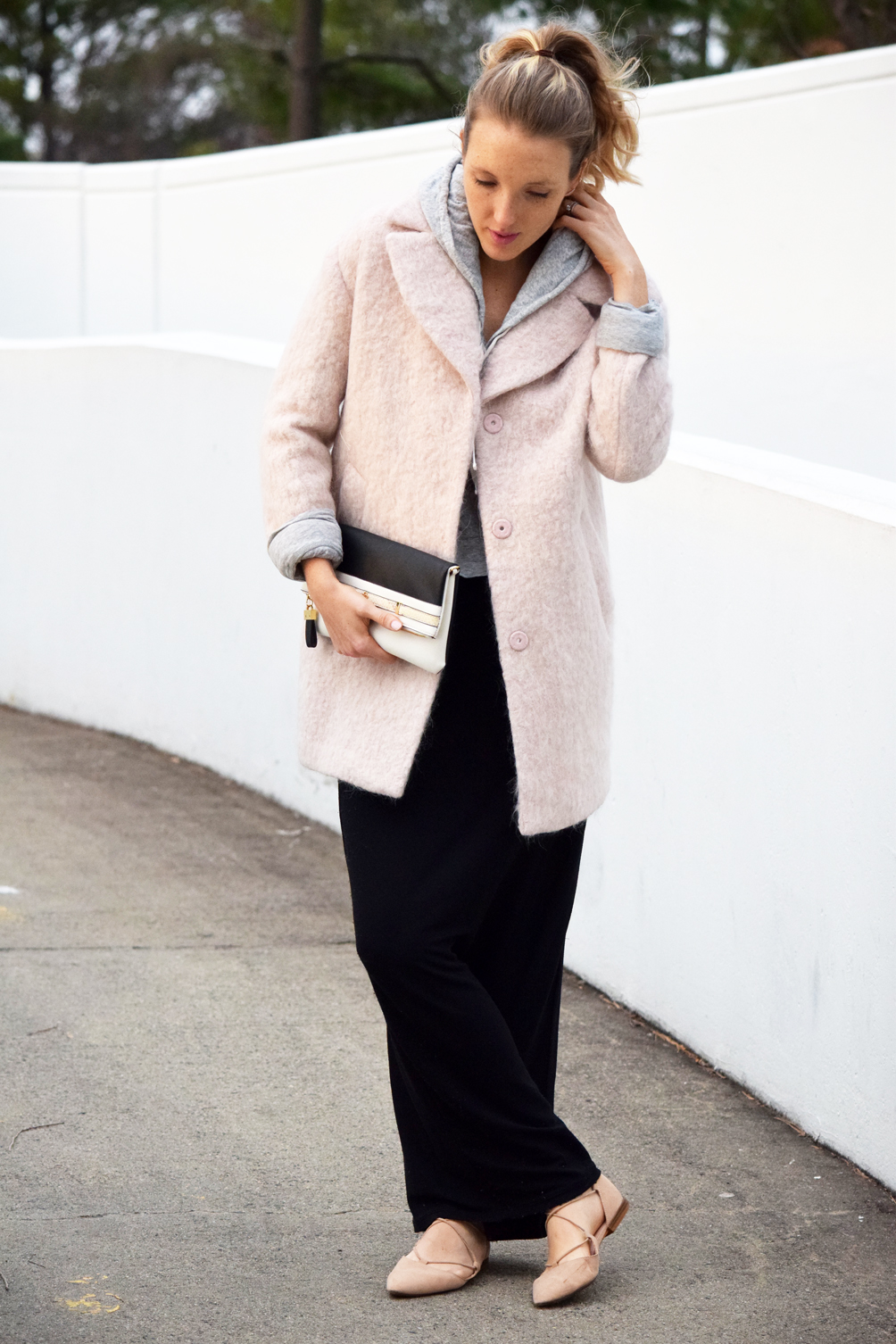 oversized blush mohair coat with a maxi dress