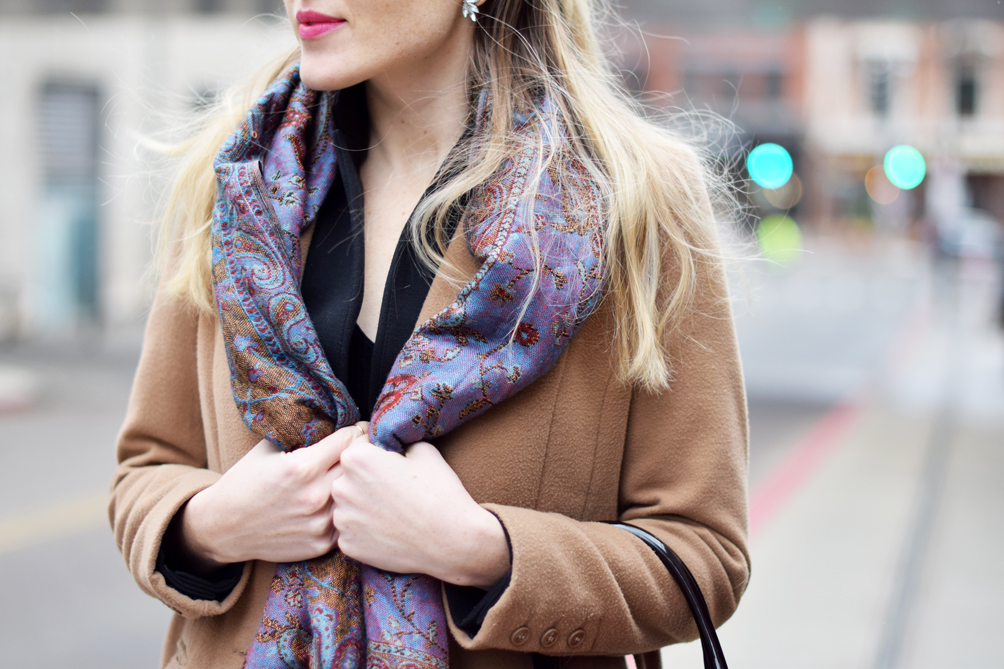 vintage patterned scarf and camel coat