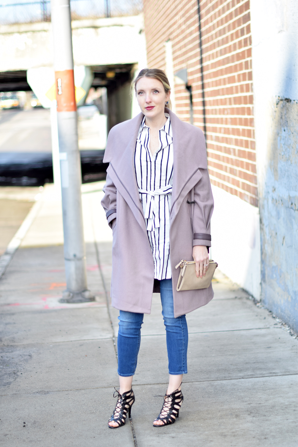 lilac drape front coat for spring outfit style - one brass fox