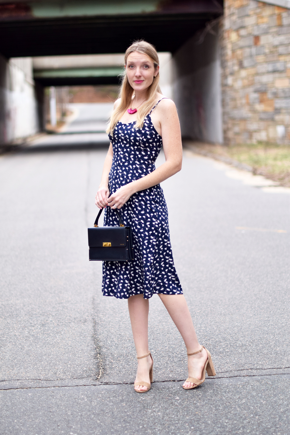 midi camisole dress with suede sandals and a vintage purse - one brass fox