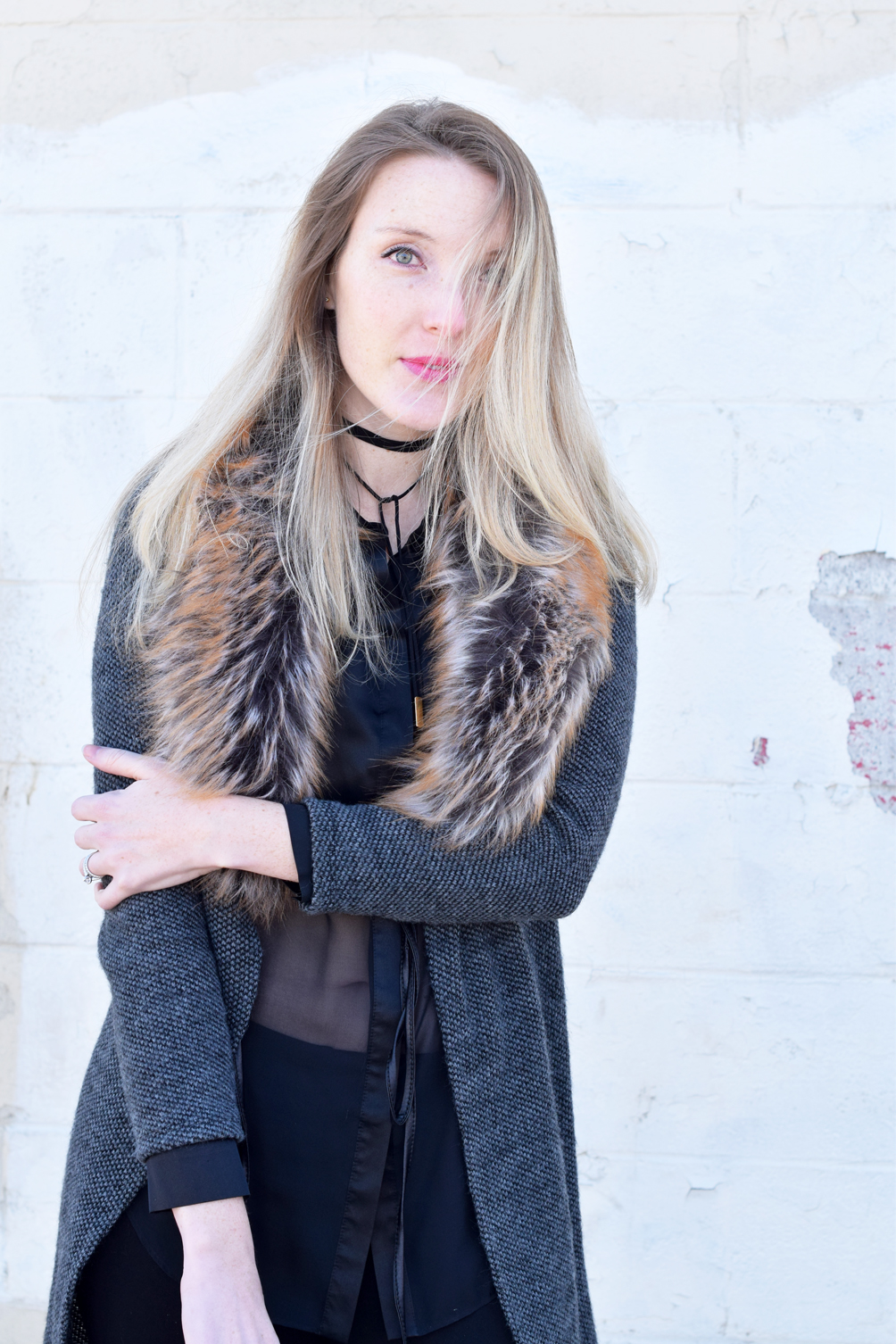 sheer blouse and fur trim cardigan - one brass fox