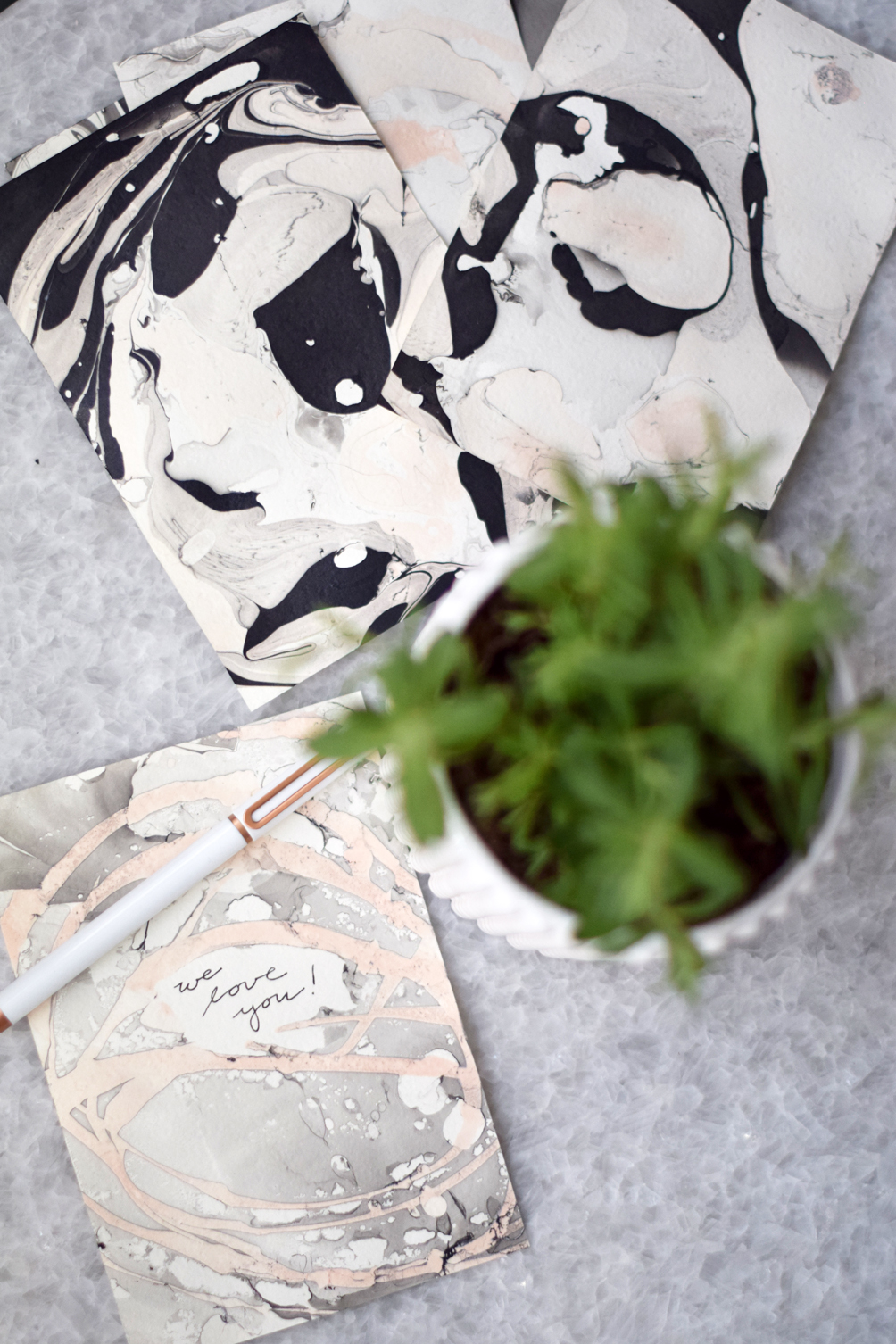 DIY marbleized stationery - one brass fox