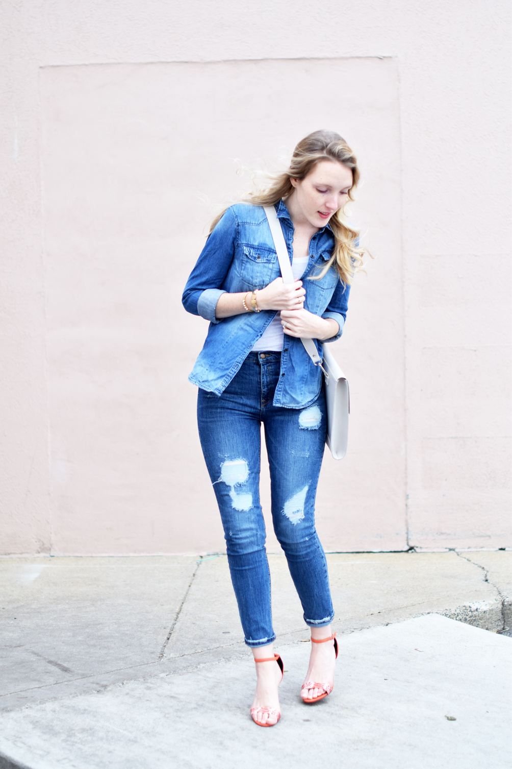 denim on denim outfit for spring with coral snakeskin sandals - one brass fox