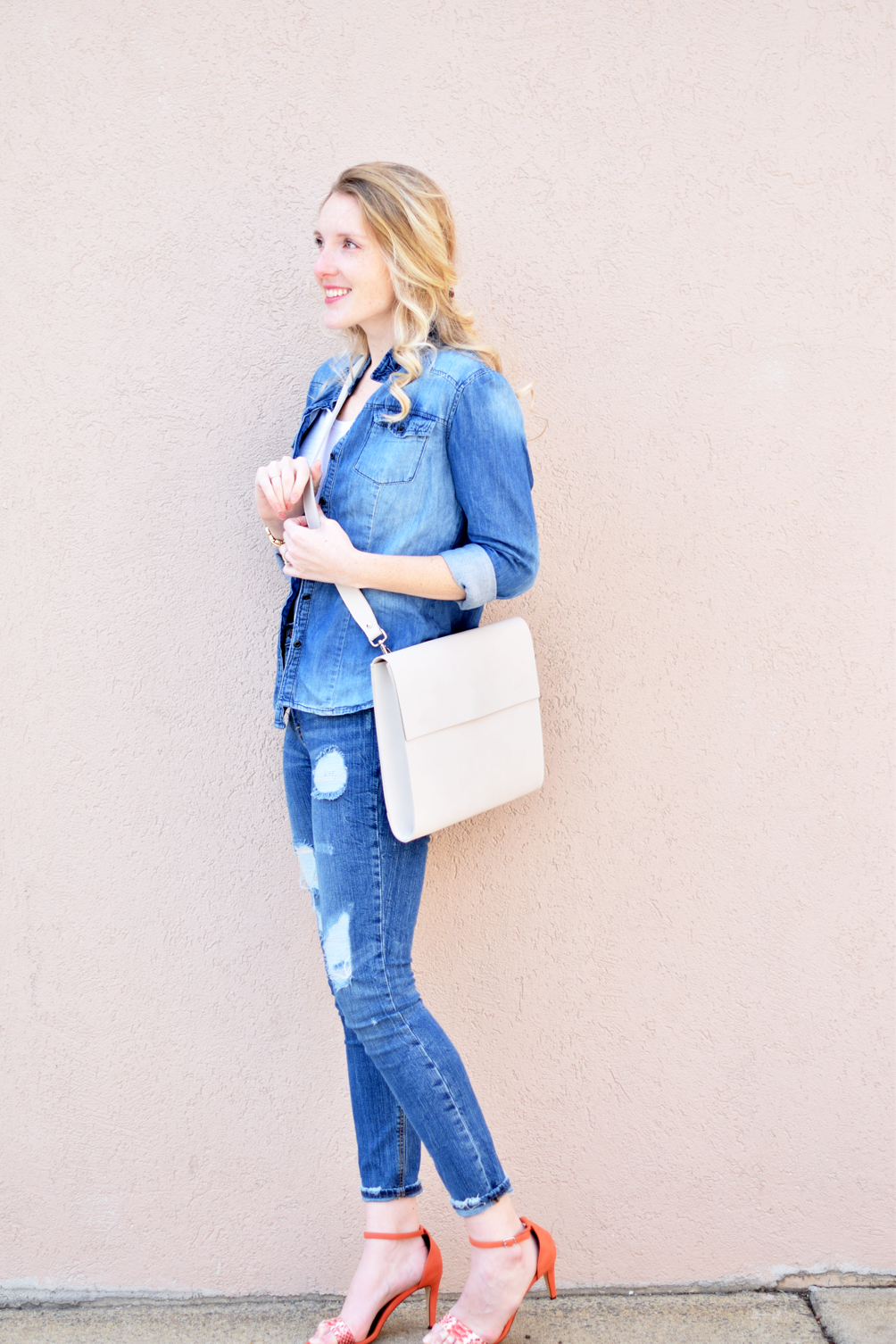 denim on denim outfit for spring with coral snakeskin sandals - one brass fox