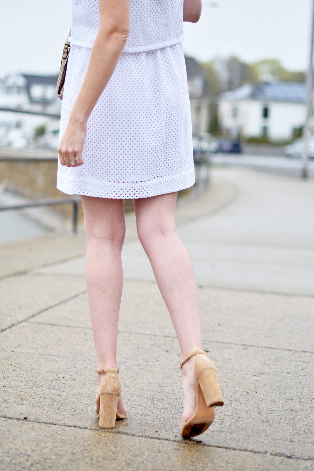 eyelet mesh tiered dress with tan sandals and crossbody bag, spring style - one brass fox