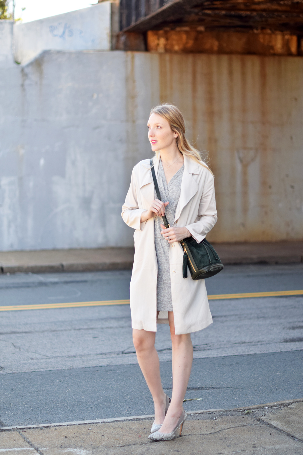 crossover blouson dress with a spring trench coat and snakeskin heels - leslie musser, one brass fox