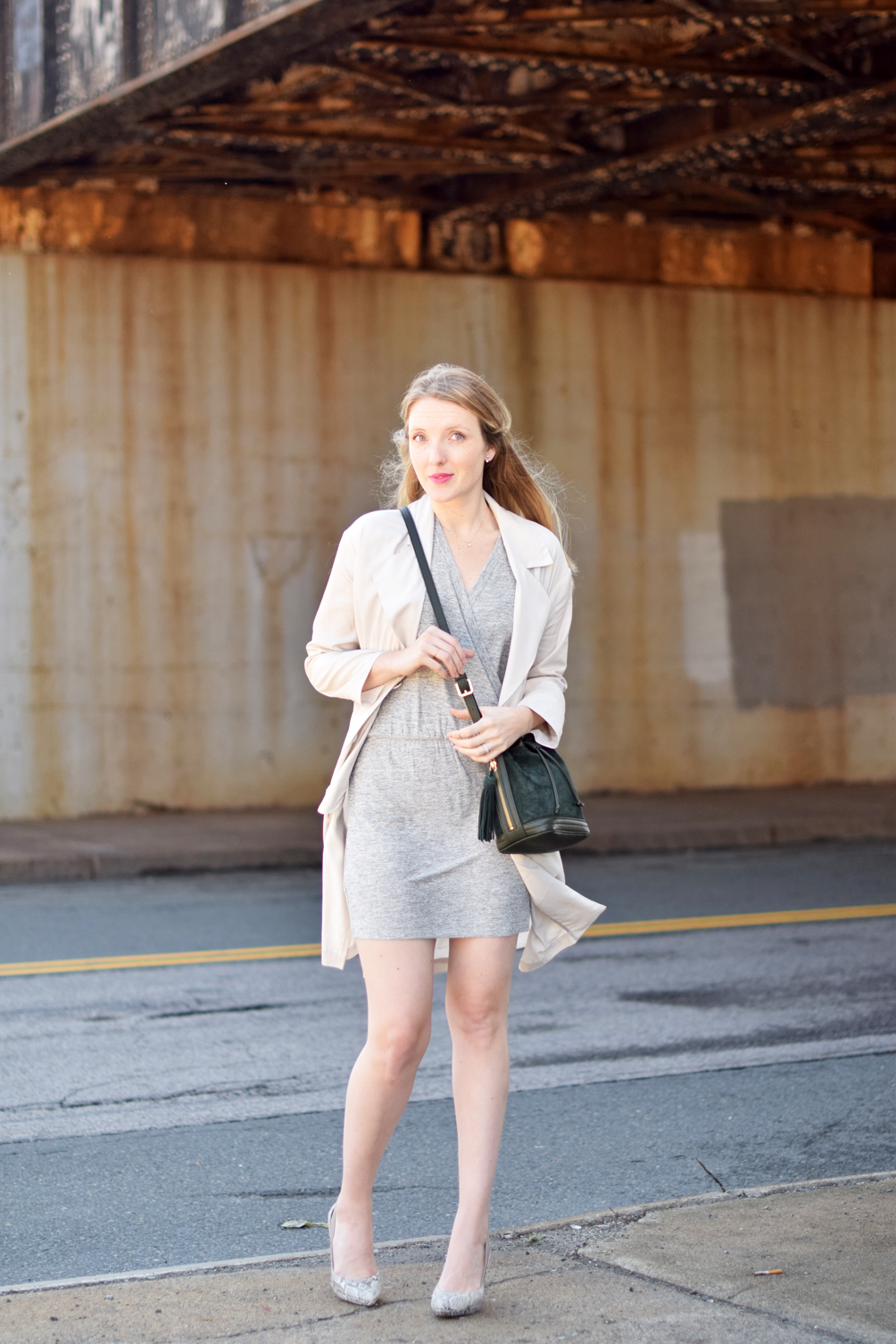 crossover blouson dress with a spring trench coat and snakeskin heels - leslie musser, one brass fox