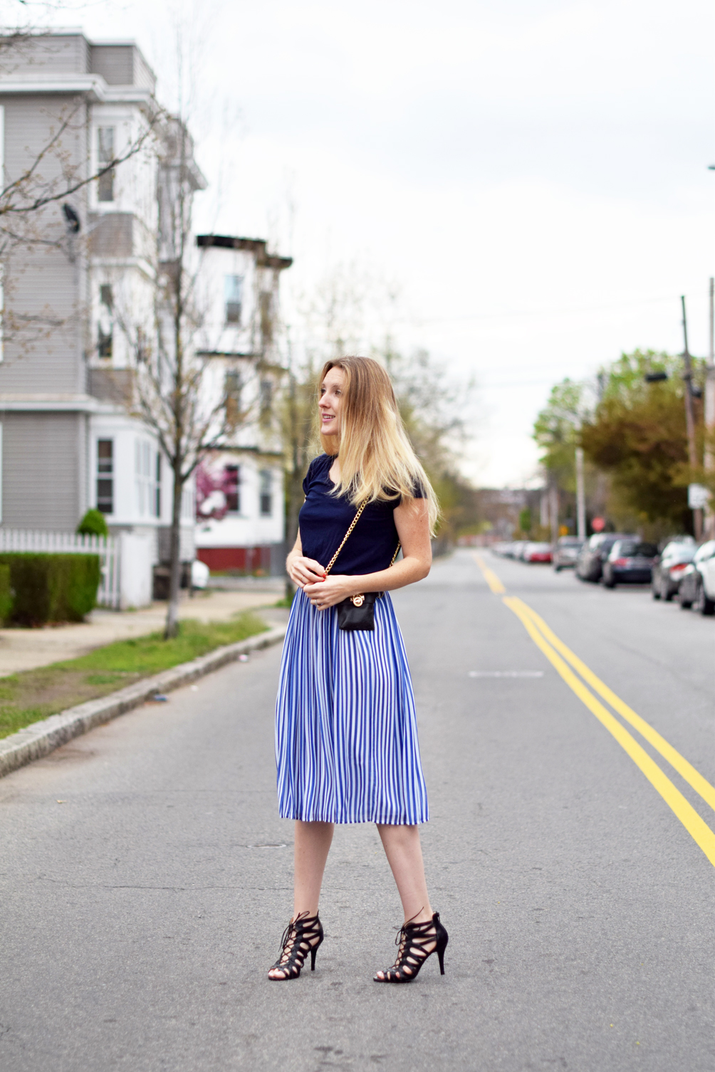 vertical stripe skirt with a linen tee, chain crossbody bag and leather lace up sandals - one brass fox