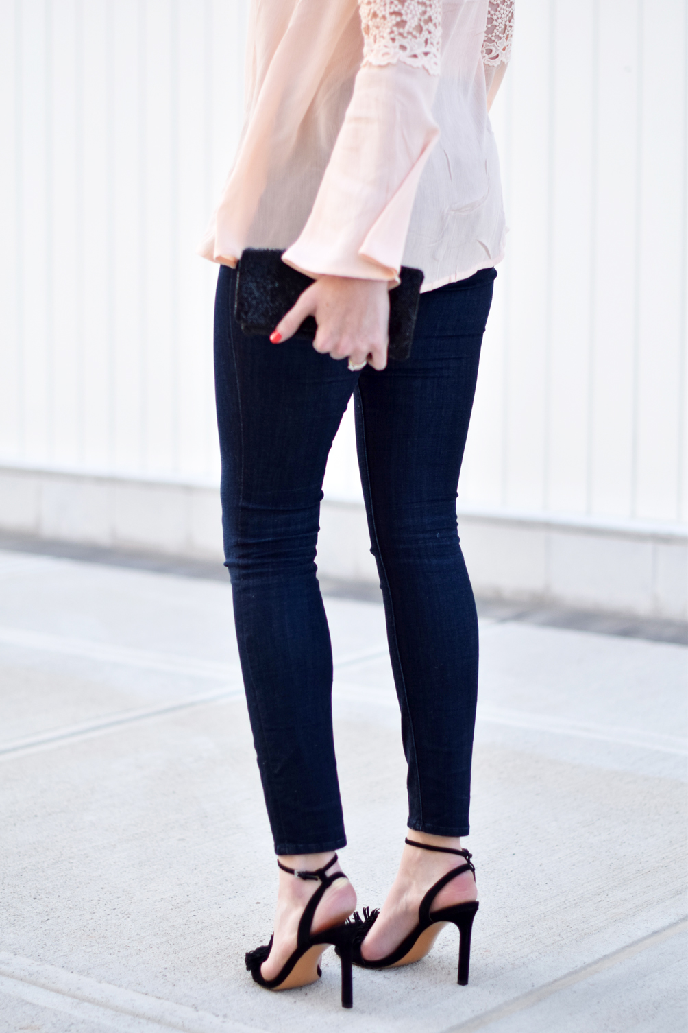 bohemian bell sleeve blouse with skinny jeans and fringe sandals, spring style - one brass fox