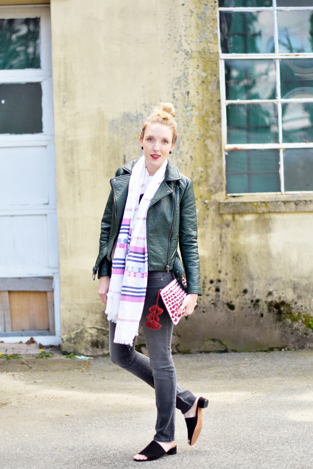 spring outerwear, emerald moto jacket with a graphic tee and printed scarf - leslie musser, one brass fox