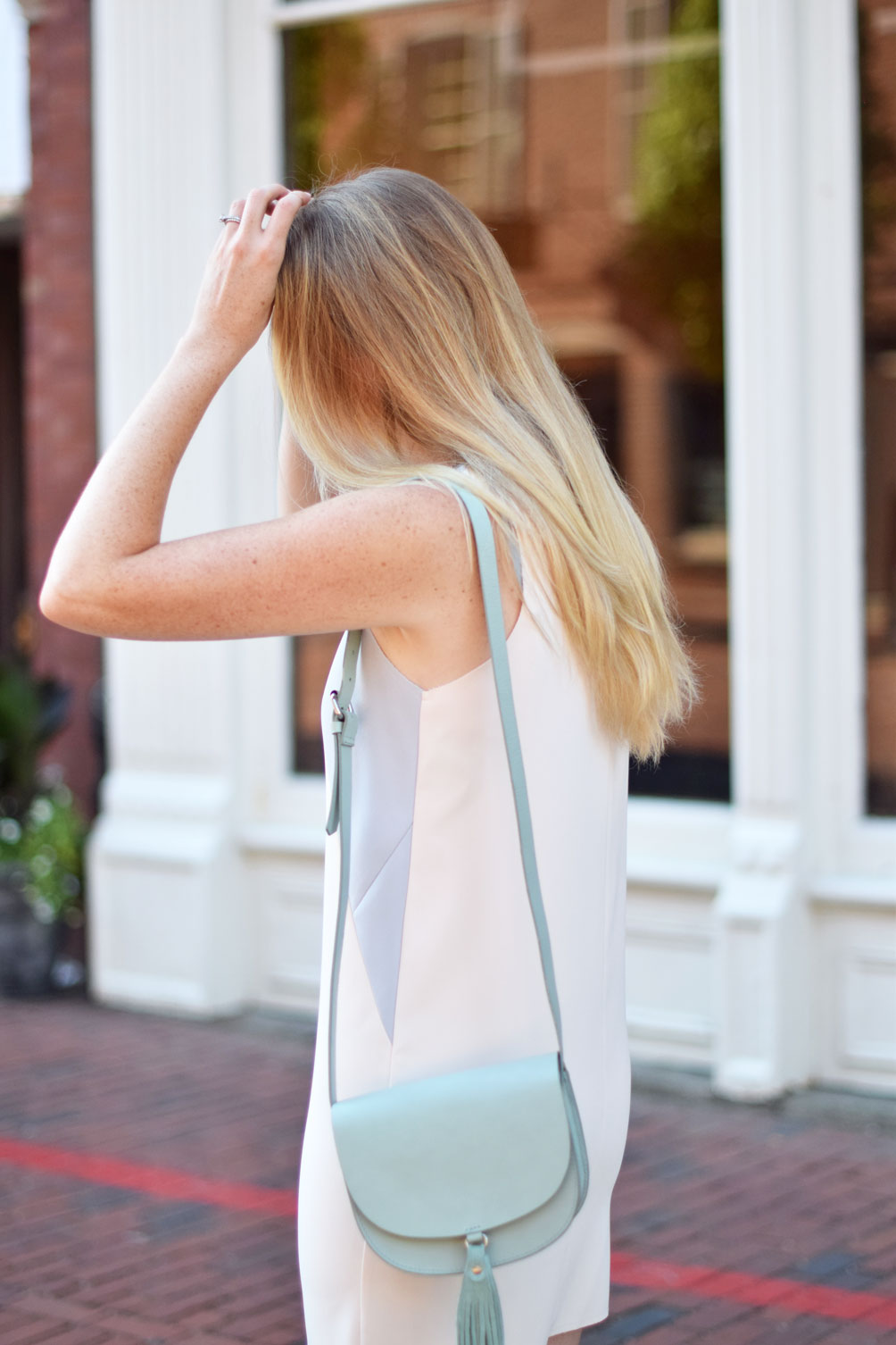 easy summer style in a colorblock shift dress with suede block heel sandals and crossbody bag from Leslie Musser, one brass fox