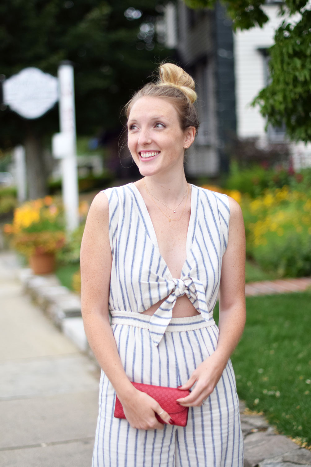 Madewell ikat stripe jumpsuit with leather sandals and a top knot from Leslie Musser, one brass fox