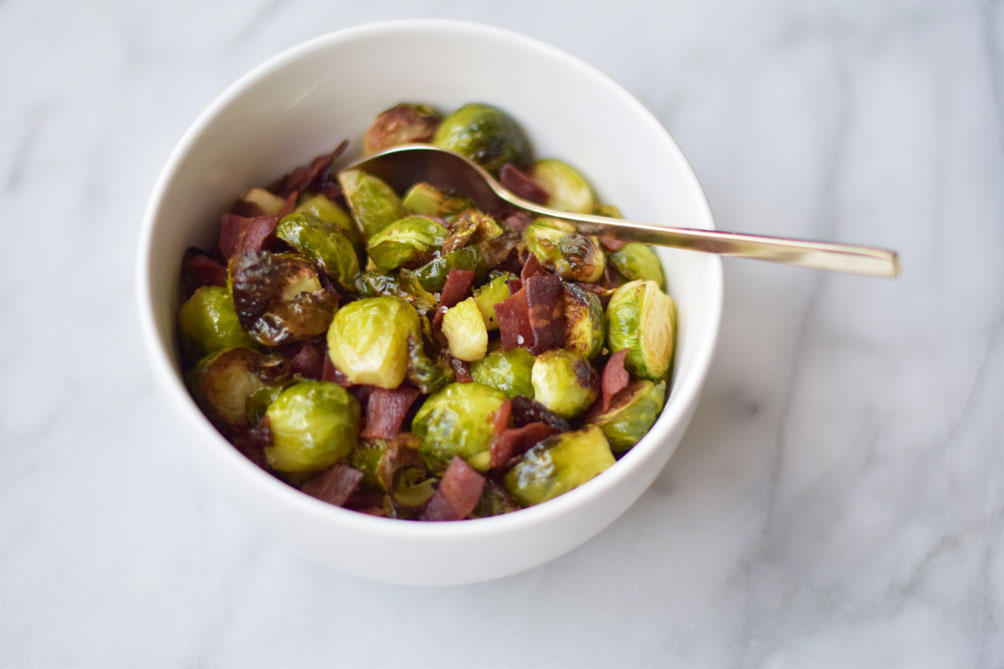 easy and healthy recipe for maple bacon brussel sprouts from Leslie Musser on one brass fox