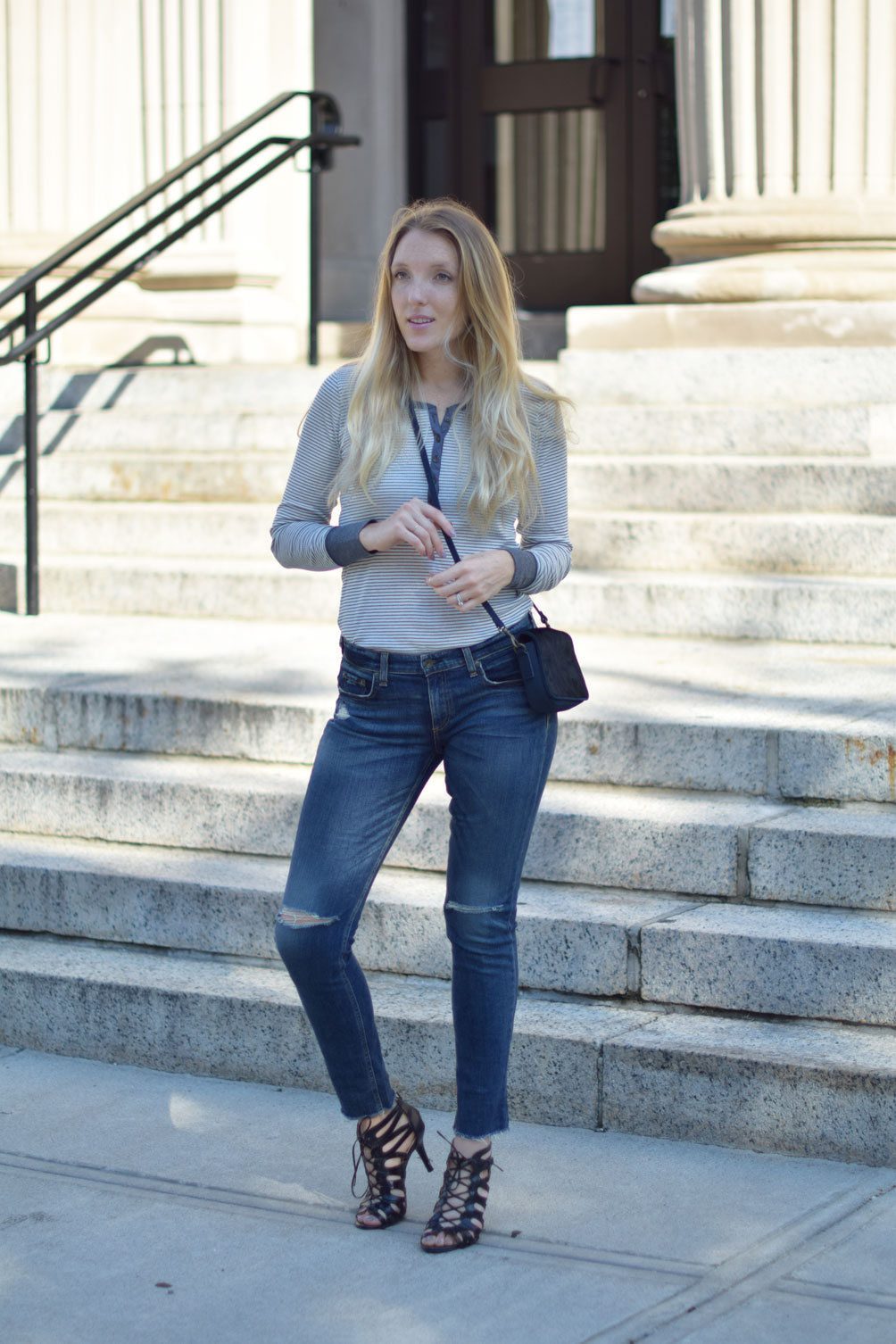 fall style inspiration with a ribbed henley top and ripped boyfriend jeans on one brass fox