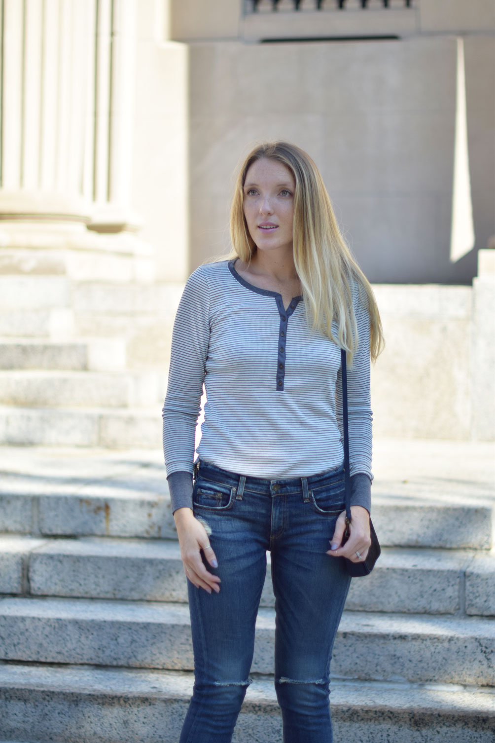 fall style inspiration with a ribbed henley top and ripped boyfriend jeans on one brass fox