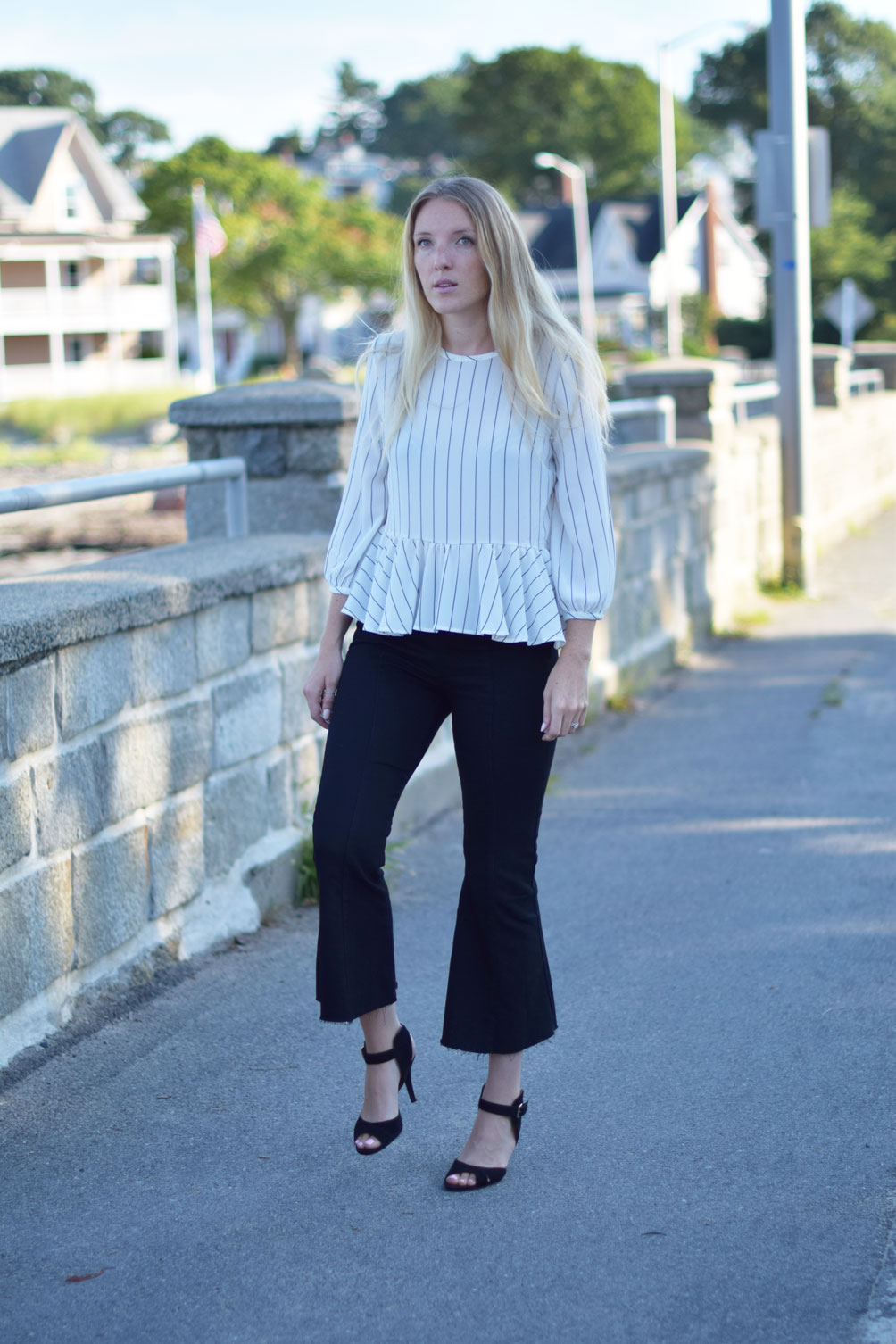 early fall style from Leslie Musser of one brass fox with this ruffle stripe shirt, cropped flare jeans, and black suede sandals