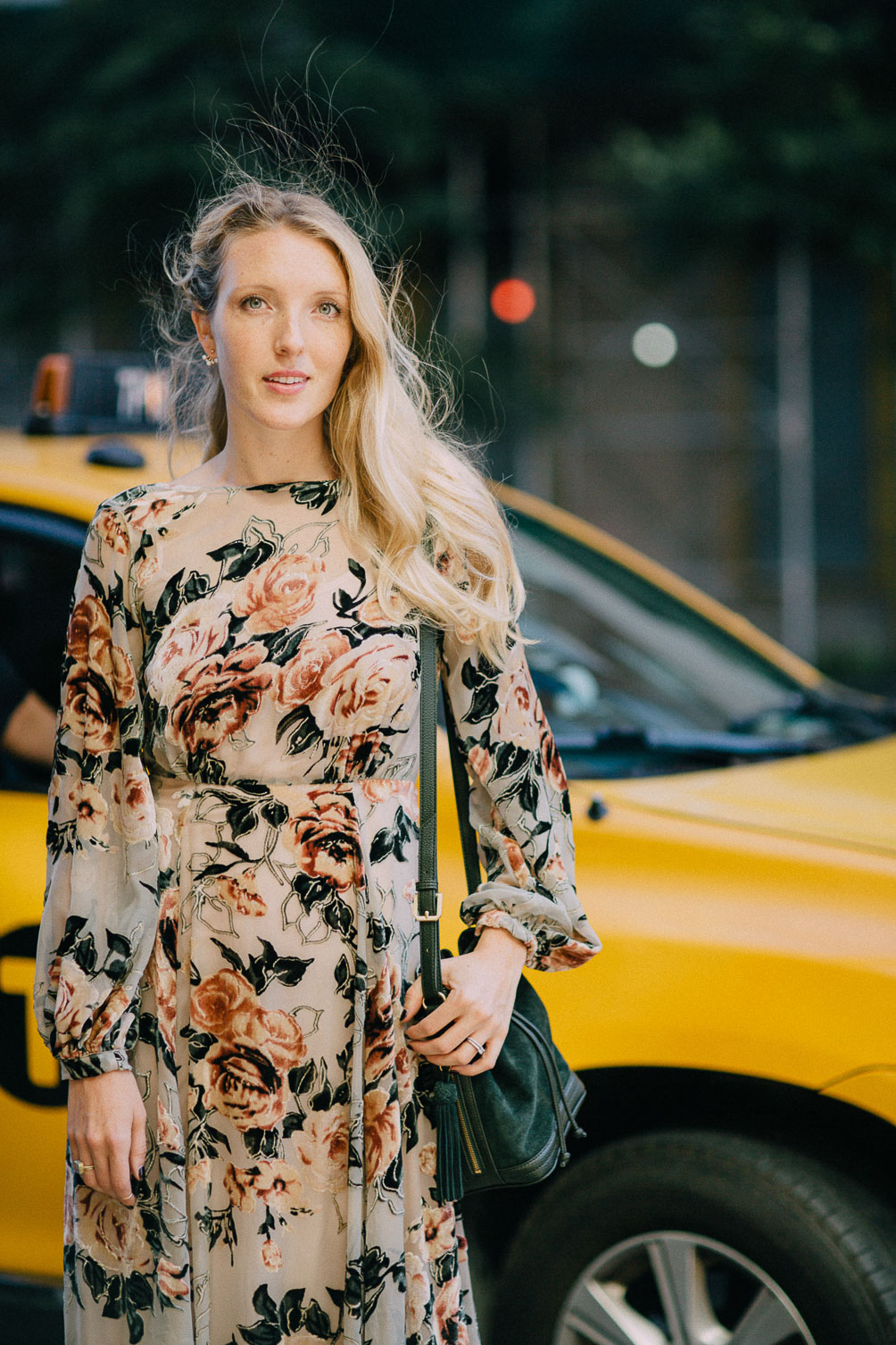 Leslie Musser SS17 NYFW street style outfit in BHLDN floral velvet gown on one brass fox