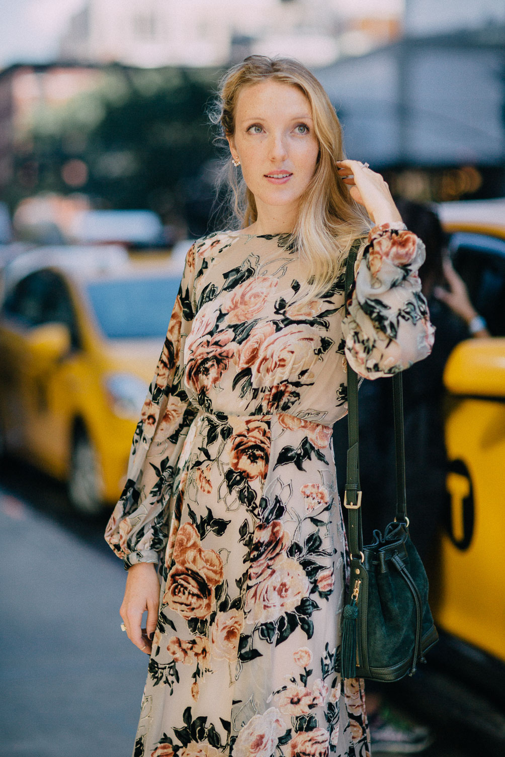 Leslie Musser SS17 NYFW street style outfit in BHLDN floral velvet gown on one brass fox