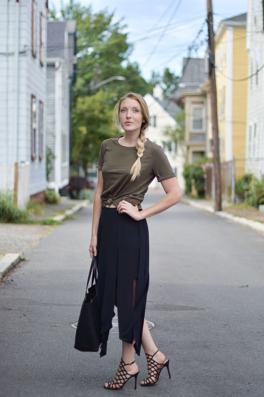 minimalist fall outfit inspiration with a vintage wash tee, carwash midi skirt, and cage sandals on one brass fox