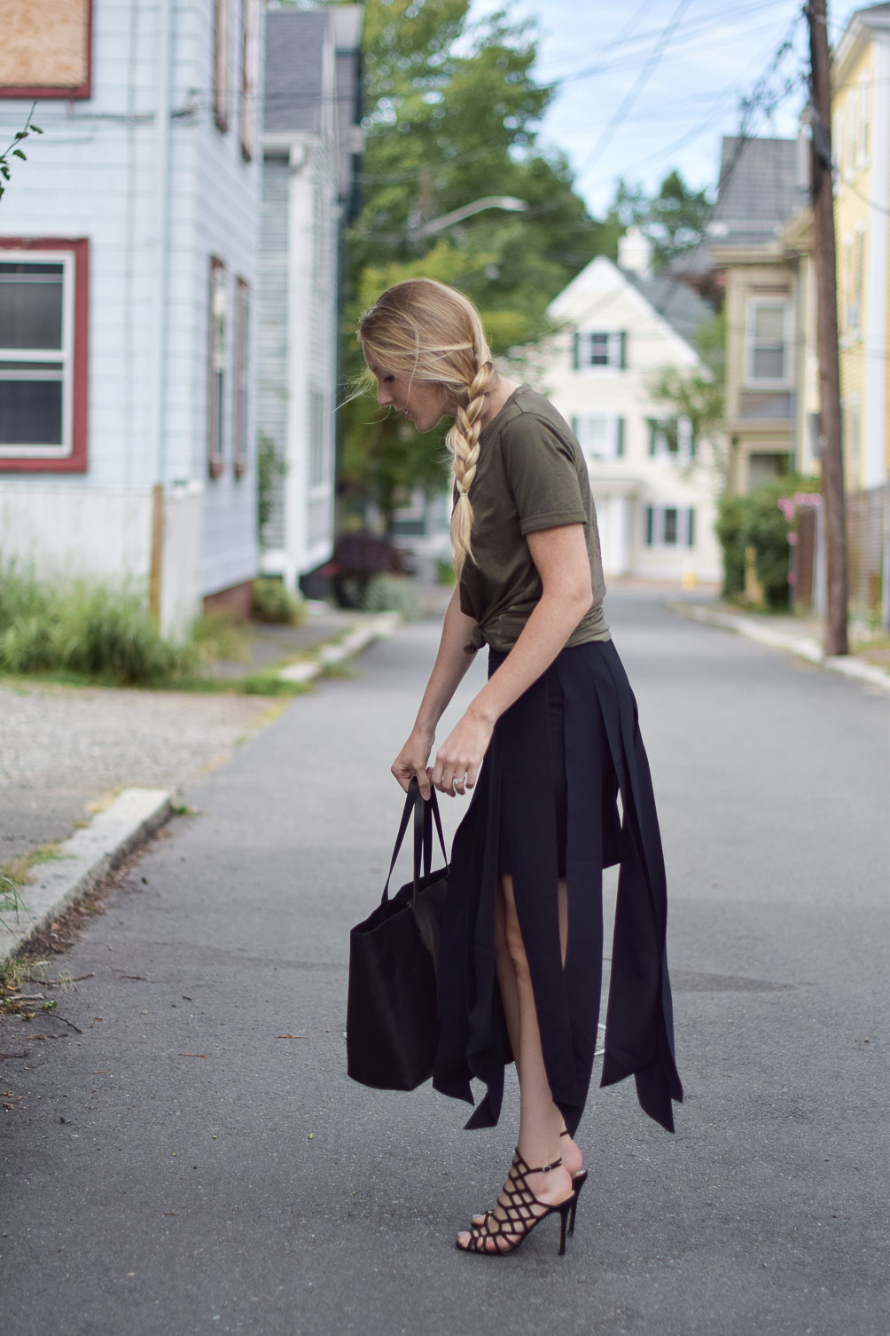 minimalist fall outfit inspiration with a vintage wash tee, carwash midi skirt, and cage sandals on one brass fox