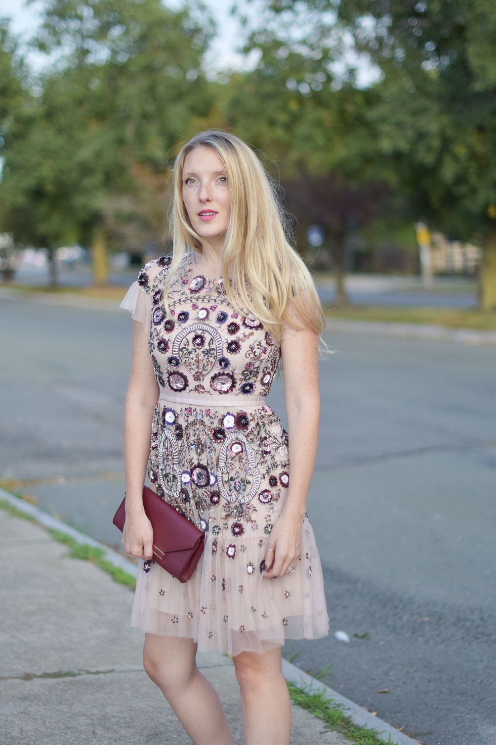 what i wore to the rewardStyle party - Needle & Thread beaded dress from BHLDN on Leslie Musser one brass fox