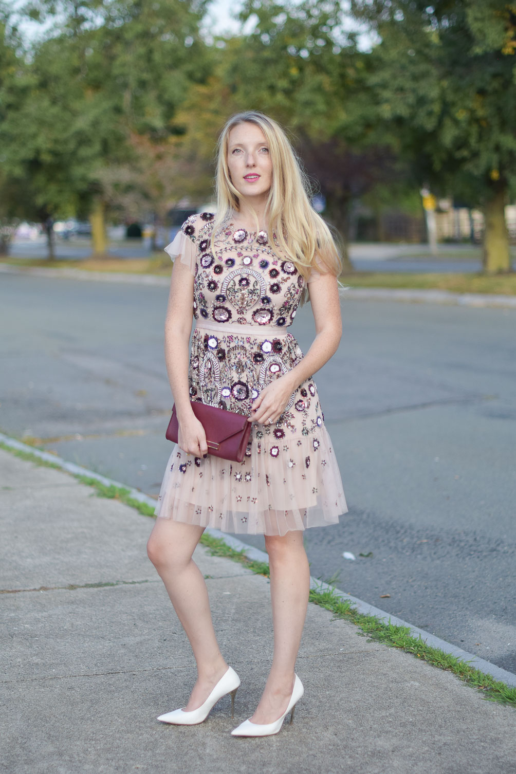 what i wore to the rewardStyle party - Needle & Thread beaded dress from BHLDN on Leslie Musser one brass fox