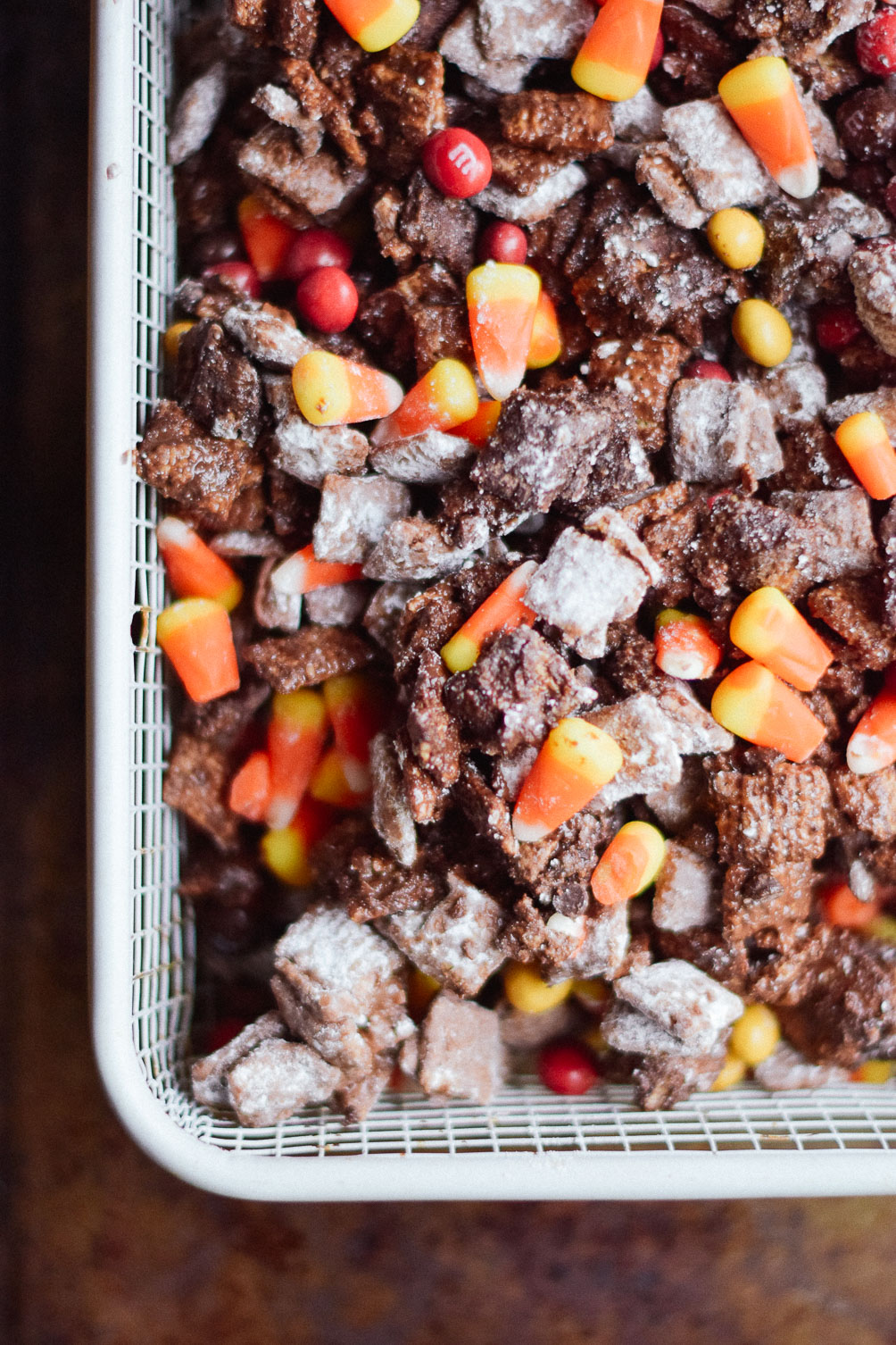 Leslie Musser shares an easy recipe for halloween puppy chow with nutella and candy corn on one brass fox