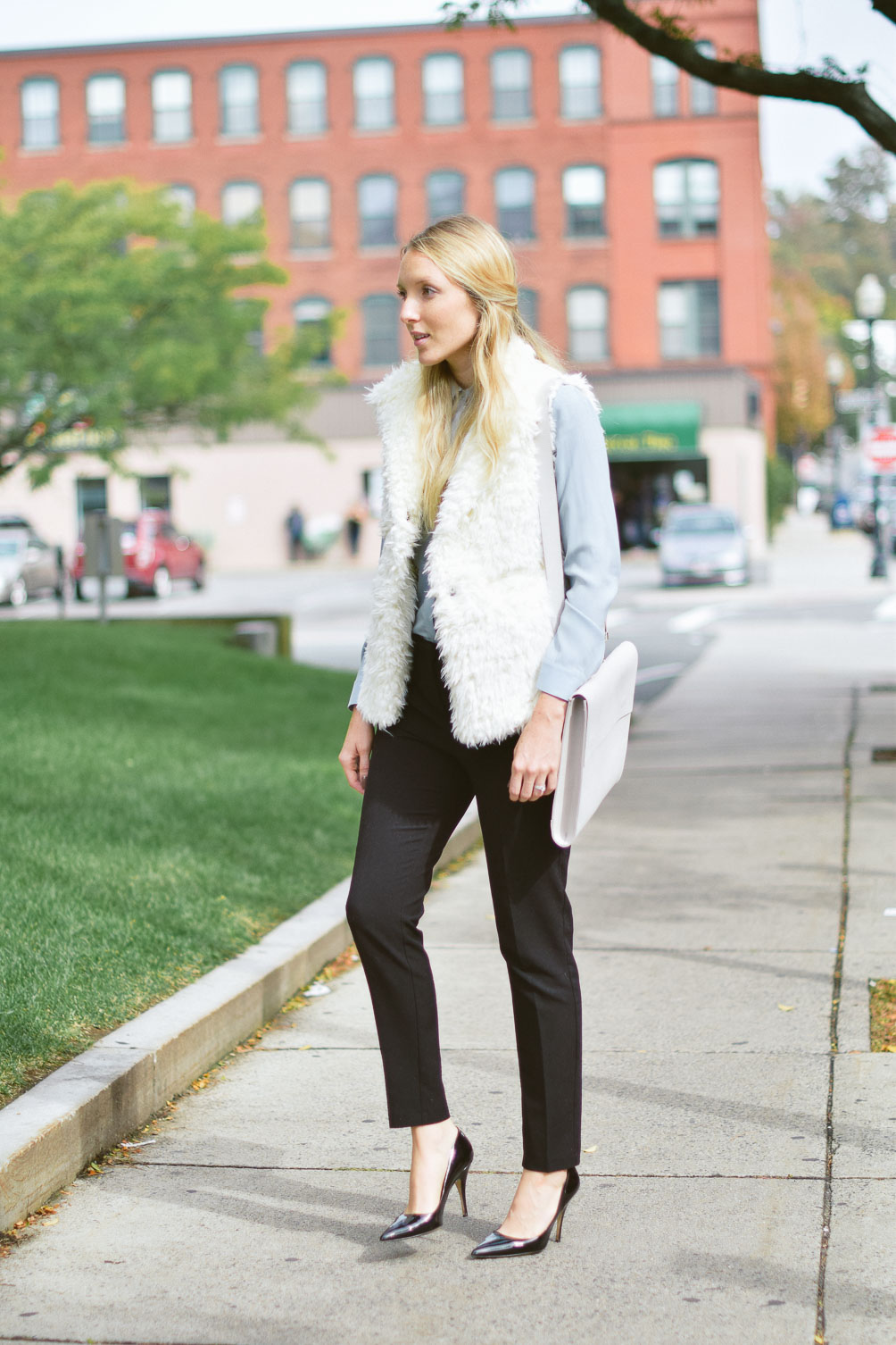 Leslie Musser fall work wardrobe outfit ideas with Johhny Was shearling vest, Primark tuxedo pants, Kate Spade patent pumps on one brass fox