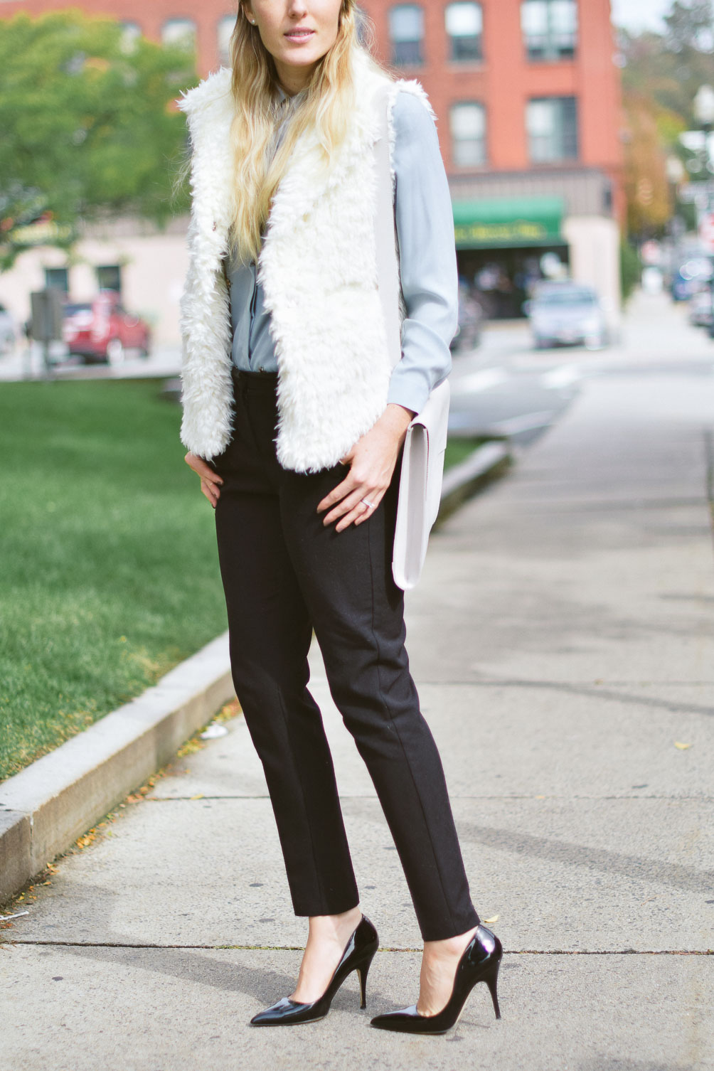 Leslie Musser fall work wardrobe outfit ideas with Johhny Was shearling vest, Primark tuxedo pants, Kate Spade patent pumps on one brass fox