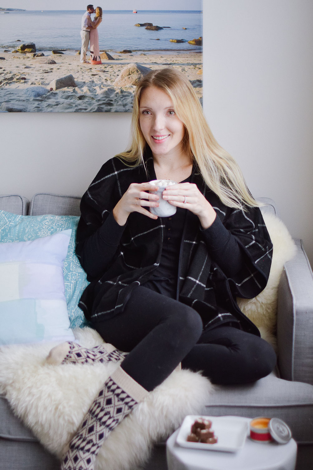 styling this cozy at home outfit with an Old Navy Cape, Lululemon leggings, and J.Crew wool socks