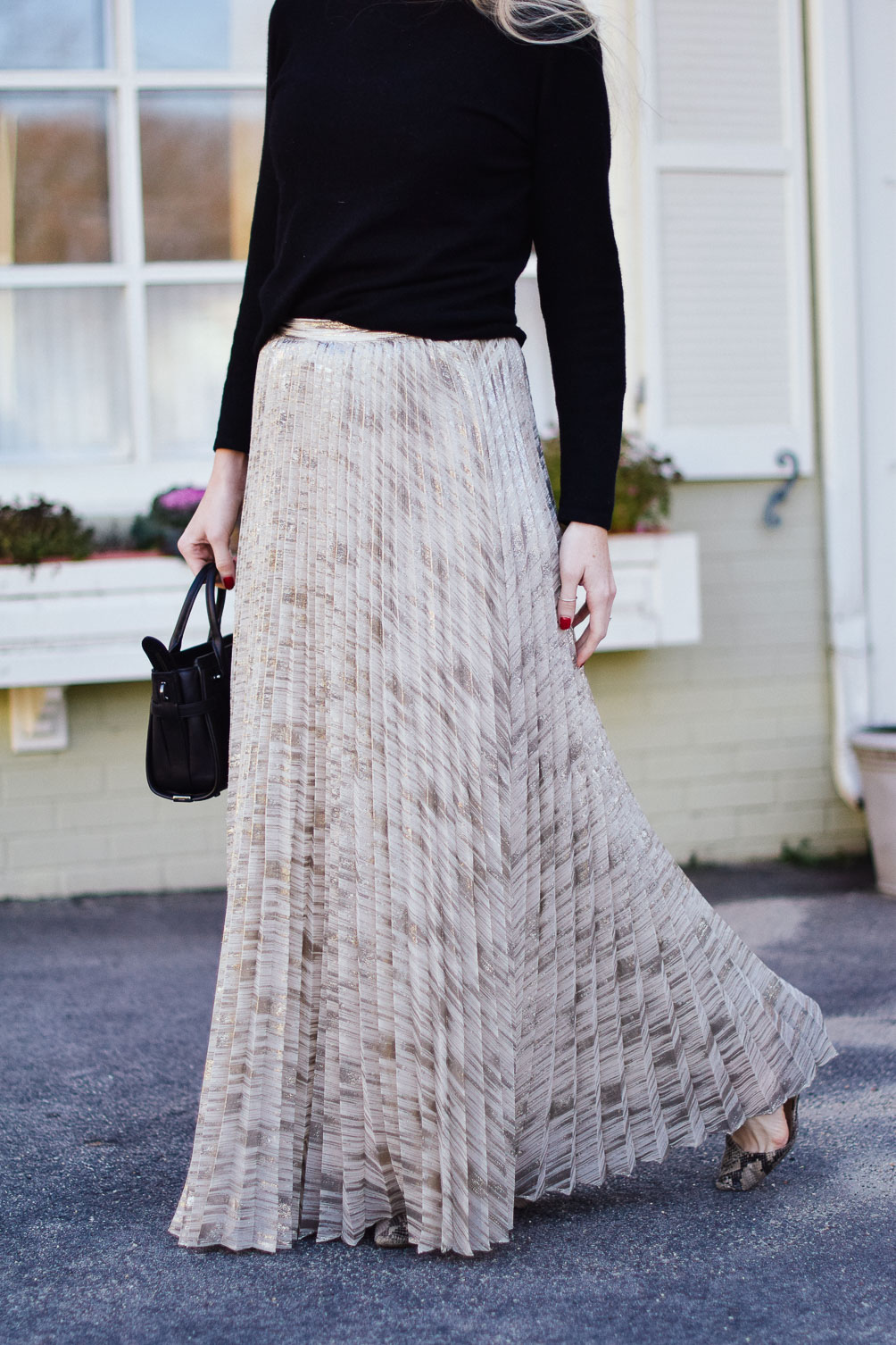 styling a metallic maxi skirt with snakeskin flats and cozy cashmere sweater