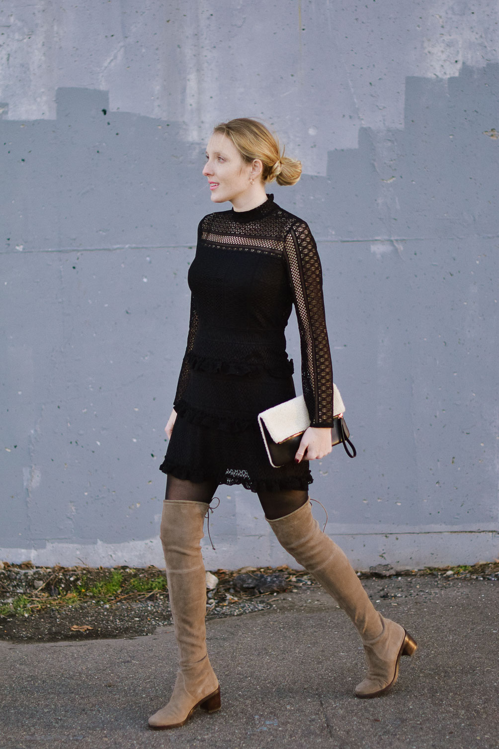 winter outfit inspiration with black lace ruffle dress and suede over the knee boots