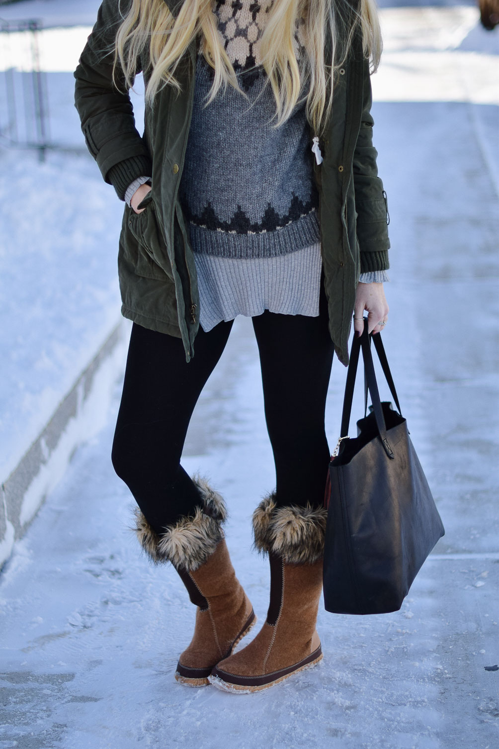styling wool winter boots with faux fur accents, a turtleneck sweater, and velvet lined leggings 