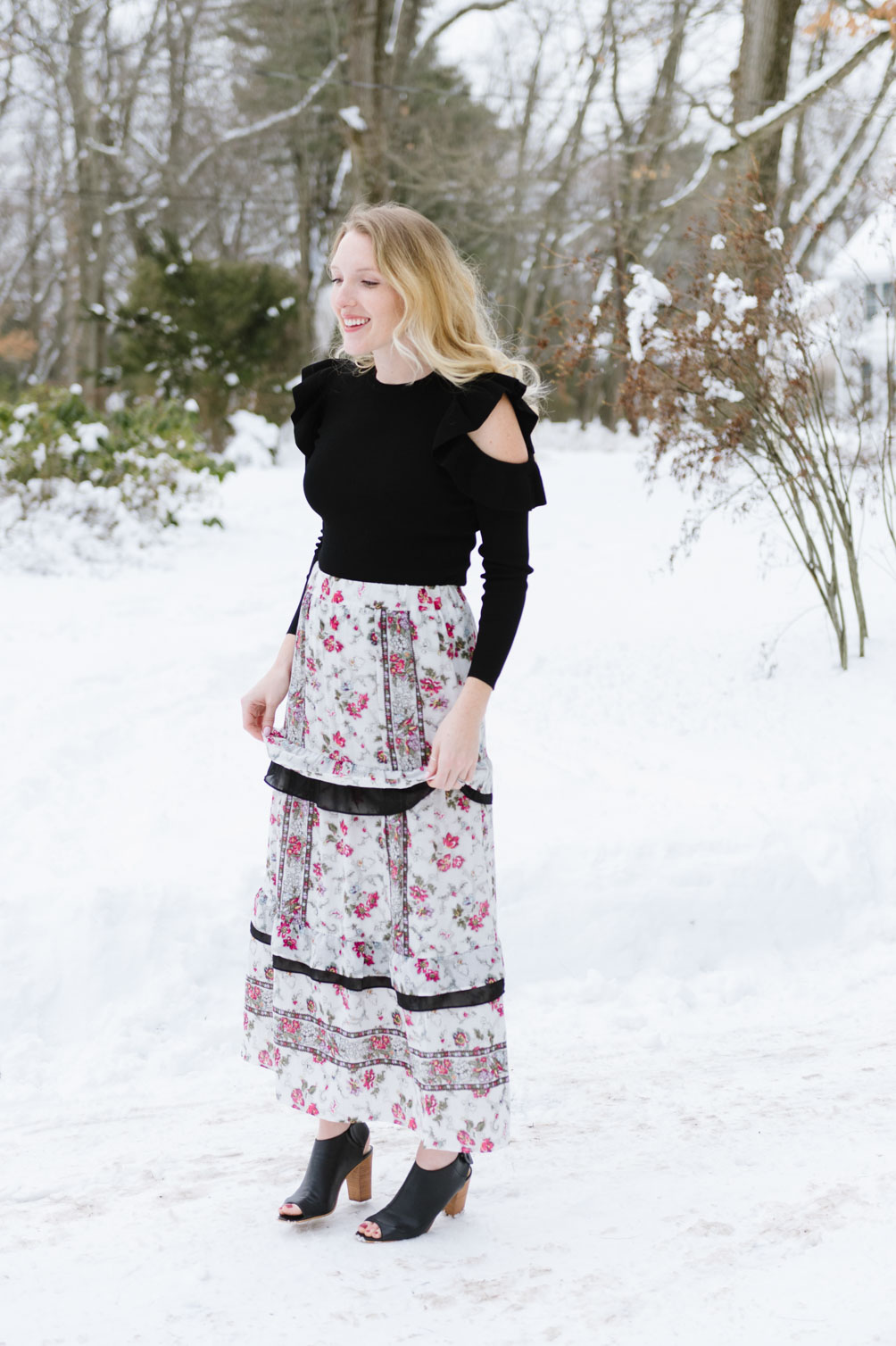 styling a floral maxi skirt and ruffle cold shoulder top from the Club Monaco NYFW Collection