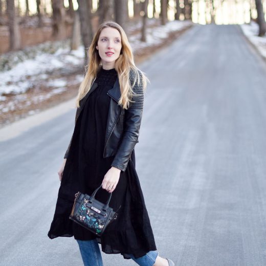 styling a black mumu dress with raw edge denim and vegan leather moto jacket