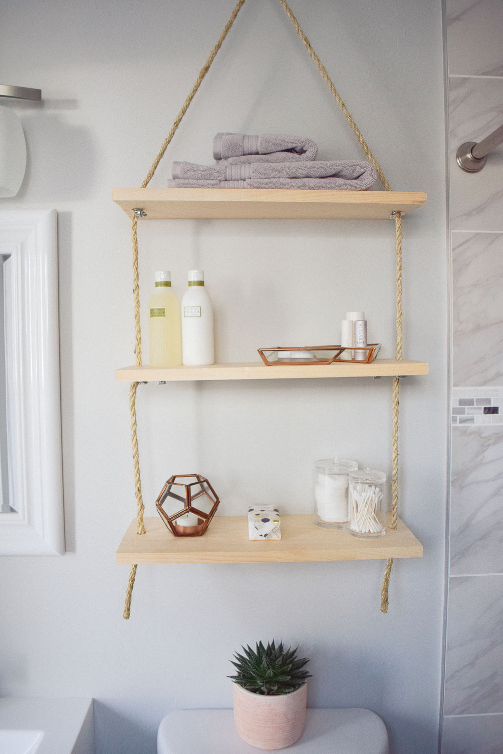 sharing an idea to update home decor with diy hanging shelves for bathroom storage