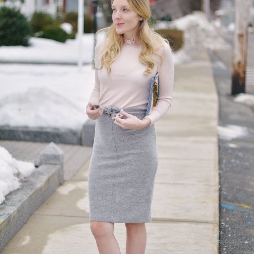 styling an embroidered collar sweater with tie waist skirt and burgundy loafers