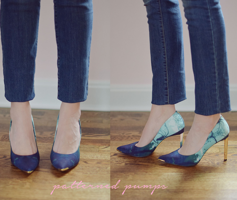 how to style patterned pumps with skinny jeans