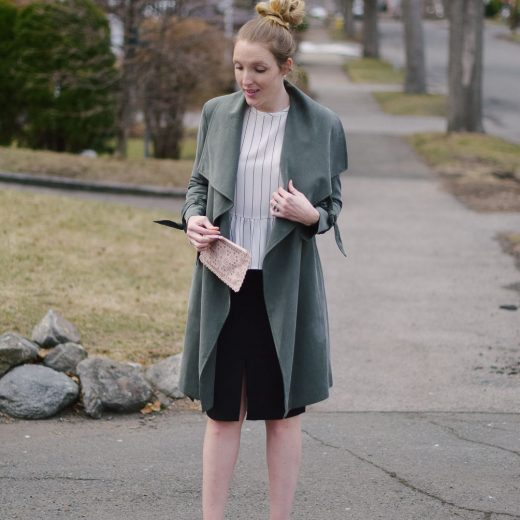 styling a feminine green trench coat for transitioning to spring with peplum details and a pencil skirt