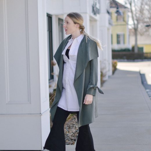 styling a layered spring outfit with olive trench coat, cropped pants, and peep toe mules