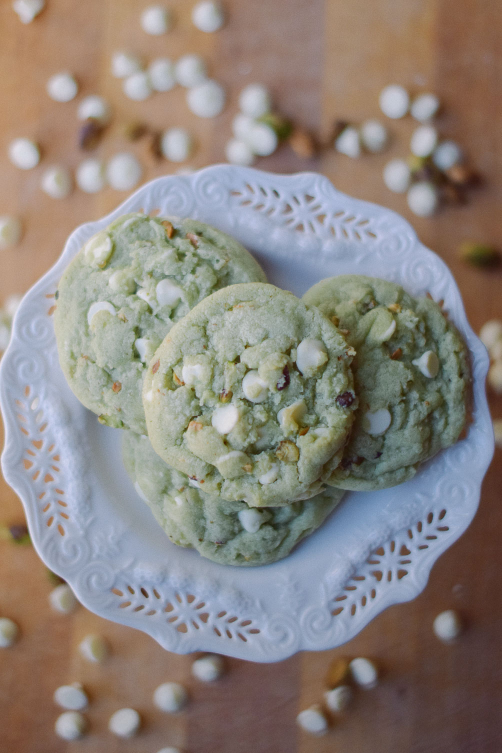 baking a delicious sweet recipe of pistachio white chocolate cookies for st patrick's day