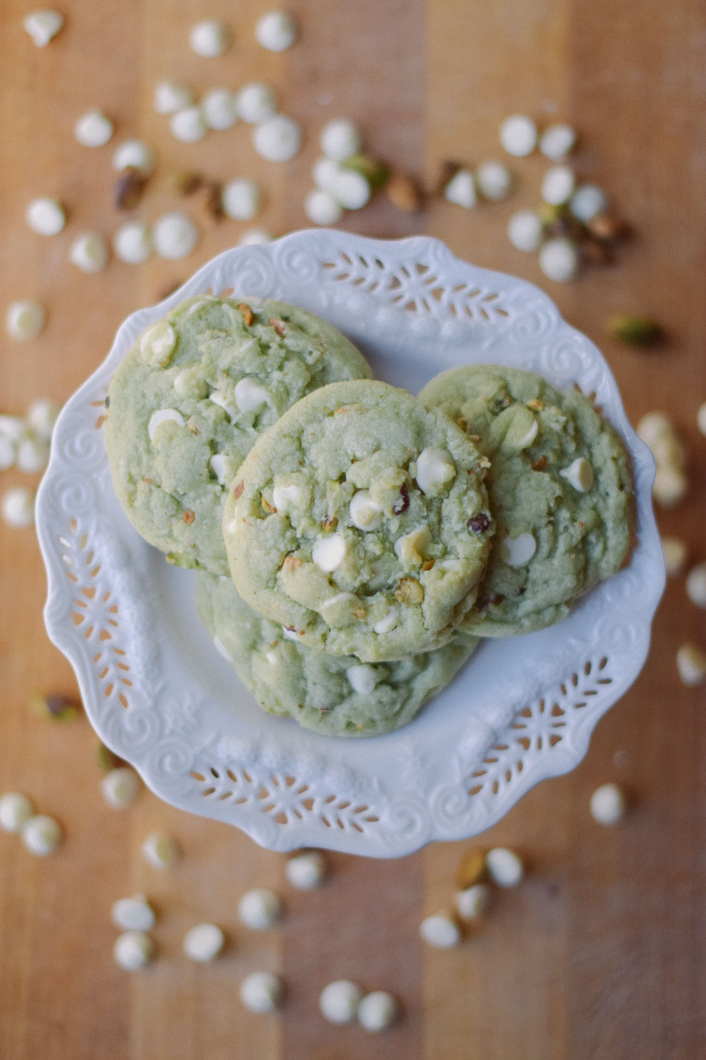 baking a delicious sweet recipe of pistachio white chocolate cookies for st patrick's day