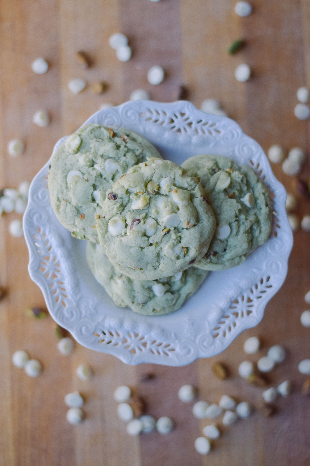 baking a delicious sweet recipe of pistachio white chocolate cookies for st patrick's day