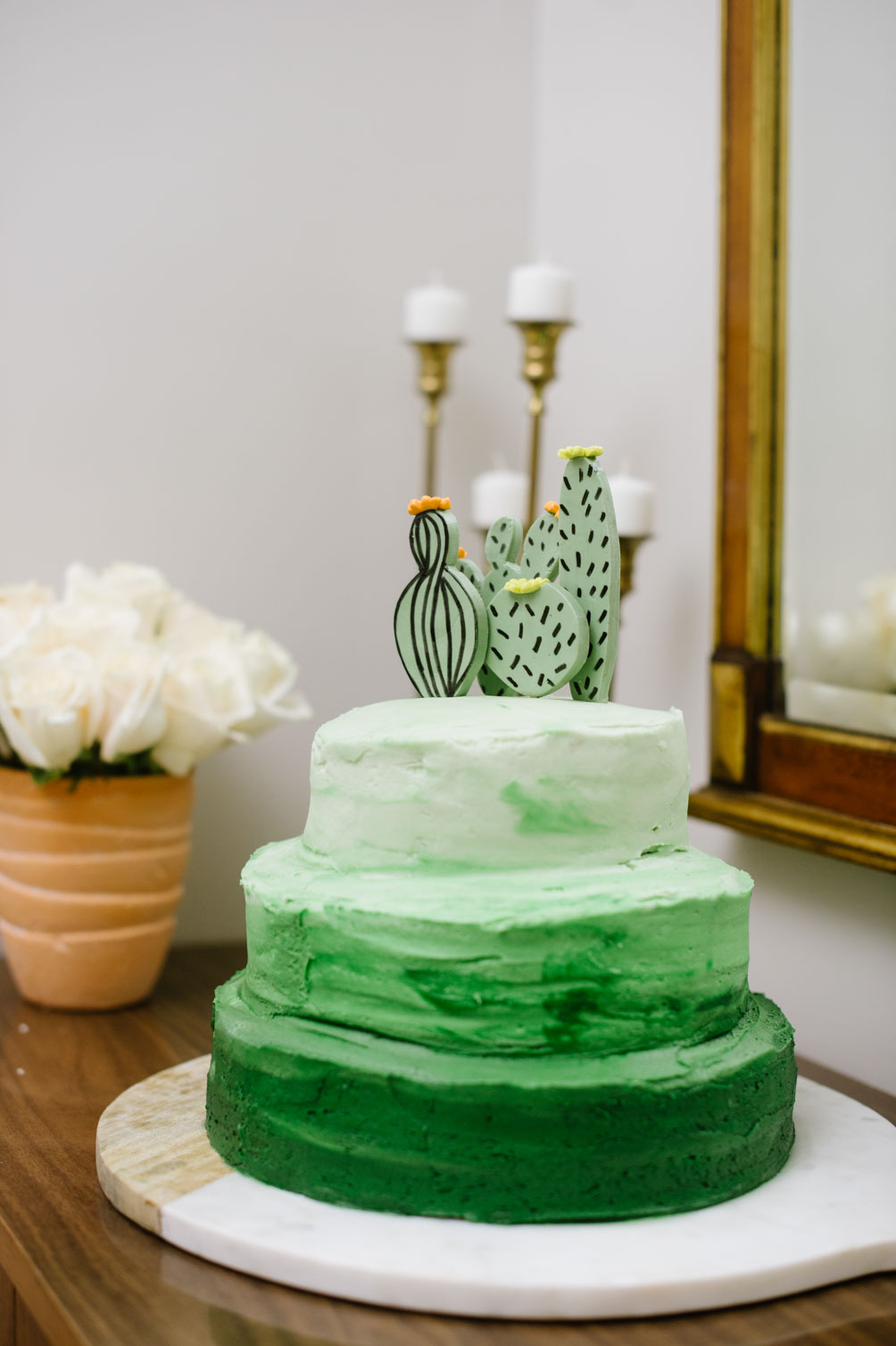 cactus and llama spring baby boy shower green ombre cake